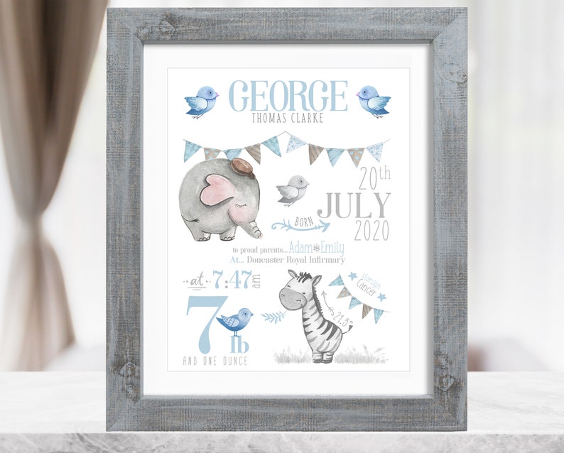 New Baby Boy Gift, New Baby Gift Personalised, New Baby Print, Christening Gift, Birth Details Print, Birth Stats, Safari Nursery Decor 