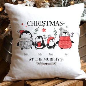 Funda de cojín de Navidad familiar personalizada, almohada de Navidad, cojín familiar de Navidad, decoración del hogar de pingüinos lindos, decoración de Navidad en interiores