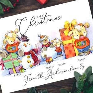Confezione di mucche dell'altopiano Cartoline di Natale personalizzate, Cartoline di Natale personalizzate, Cartoline di Natale per famiglie, Cartoline di renne, Cartoline di Natale fatte a mano