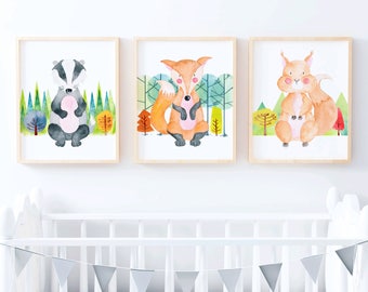 Set of Woodland Prints | Nursery Prints | Kids Print | Kids Room | Nursery Wall Art | Fox Print | Badger Print | Squirrel | Woodland Nursery