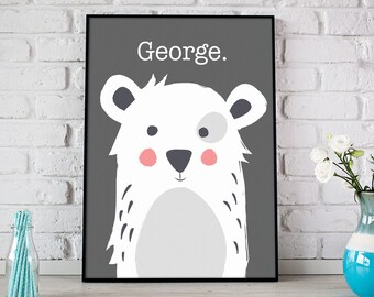 Personalised Name Print, Woodland Wall Art, Woodland Nursery Wall Art, Monochrome Nursery Wall Art, Personalised Kids Print, Woodland Print
