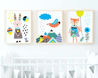 Scandinavian Animal Prints: Fox, Bear, Bird Nursery Art Set