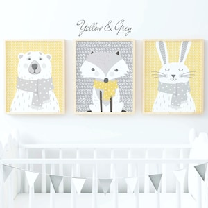 Woodland Nursery Decor, Woodland Animal Prints, Woodland Nursery Prints, Yellow & Grey Nursery Decor, Yellow and Grey Children&#39;s Wall Art