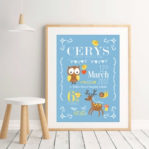 Personalised Woodland Blue Birth Print | Birth Announcement Print | Boy Nursery Print | New Baby Gift | Woodland Nursery | Blue Nursery
