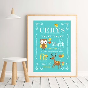 Personalised Woodland Teal Birth Print | Birth Announcement Print | Turquoise Nursery | New Baby Gift | Woodland Nursery | Teal Wall Art