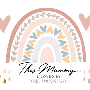 May include: A rainbow with pink, orange, and blue colors, with hearts and leaves. The text "This Mummy is loved by Cassie, James & Henry" is below the rainbow.