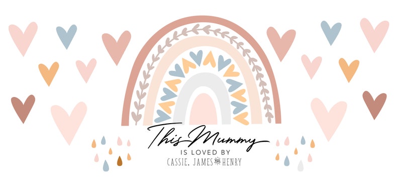May include: A rainbow with pink, orange, and blue colors, with hearts and leaves. The text "This Mummy is loved by Cassie, James & Henry" is below the rainbow.
