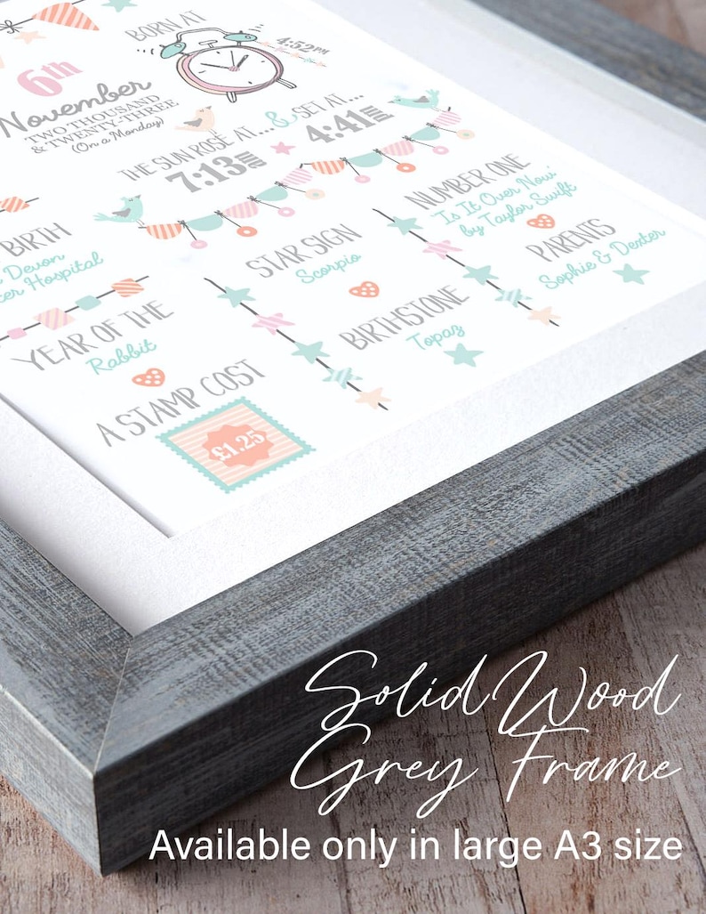 Personalised Baby Gift, Birth Stats Print, New Baby Boy Gift, Birth Details Print, Nursery Wall Art, Newborn Keepsake, Baby Birth Poster LARGE FRAMED (GREY)