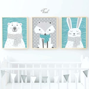 Woodland Nursery Decor, Woodland Animal Prints, Woodland Nursery Prints, Teal Nursery Decor, Turquoise Nursery Art, Kids Teal Room Wall Art