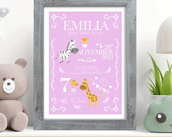 New Baby Girl Gift, Baby Gift Personalised, New Baby Print, Christening Gift, Birth Details Print, Birth Stats, Pink Nursery Safari Nursery