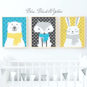 Woodland Nursery Decor, Woodland Animal Prints, Woodland Nursery Prints, Blue & Black Nursery Decor, Childrens Print, Kids Room Wall Art