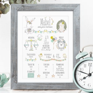 Nuevo regalo de niña, nuevo regalo de bebé personalizado, nuevo regalo de bautizo con impresión de bebé, detalles de nacimiento imprimir regalo de bebé personalizado de Woodland Nursery