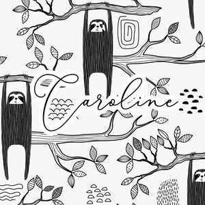 May include: Black and white illustration of sloths hanging from branches in a tree. The illustration includes leaves, branches, and abstract shapes. The text "Caroline" is written in cursive across the center of the image.