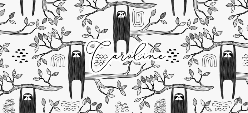 May include: Black and white illustration of sloths hanging from branches in a tree. The illustration includes leaves, branches, and abstract shapes. The text "Caroline" is written in cursive across the center of the image.