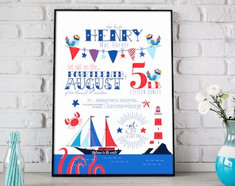 New Baby Boy Gift, New Baby Gift Personalised, New Baby Print, Christening Gift, Birth Details, Birth Stats Print, Nautical Nursery Decor