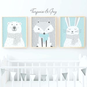 Woodland Nursery Decor, Woodland Animal Prints, Woodland Nursery Prints, Turquoise & Grey Nursery Decor, Childrens Print, Kids Room Wall Art