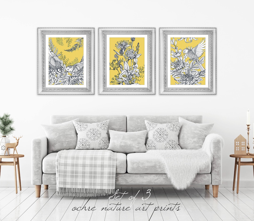 Set of 3 Mustard Yellow Decor, Yellow Wall Art, Yellow Grey Wall Art