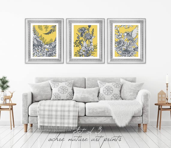 Set Of 3 Mustard Yellow Decor Yellow Wall Art Yellow Grey Wall Art Ochre Wall Art Mustard Yellow Art Mustard Wall Art Ochre And Grey