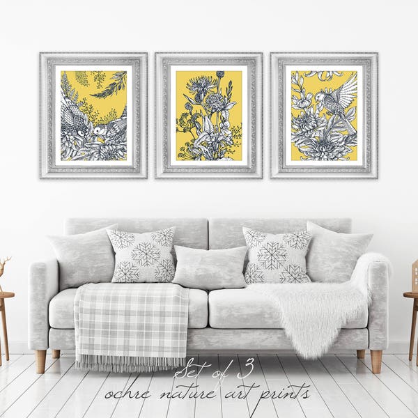 Set of 3 Mustard Yellow Decor, Yellow Wall Art, Yellow Grey Wall Art, Ochre Wall Art, Mustard Yellow Art, Mustard Wall Art, Ochre and Grey.