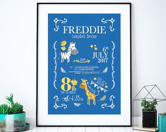 New Baby Boy Gift, New Baby Gift Personalised, New Baby Print, Christening Gift, Birth Details Print, Birth Stats, Blue Safari Nursery Decor