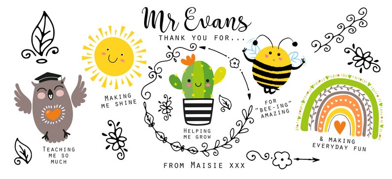 May include: A colourful thank you card for a teacher named Mr Evans. The card features a sun, a cactus, a bee, and a rainbow. The text on the card says "Thank you for... making me shine, helping me grow, for "bee-ing" amazing, & making everyday fun." The card is signed "From Maisie xxx."
