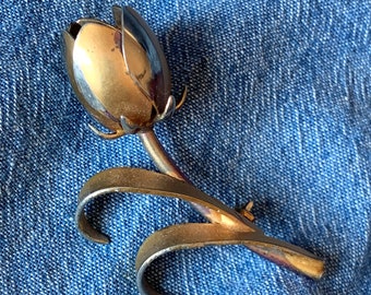 Brassy Tulip Brooch, vintage pin