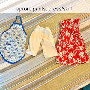 Doll Clothing Set, Vintage, Apron, Pants, Dress