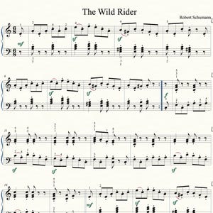 May include: A sheet music page titled The Wild Rider by Robert Schumann, featuring black musical notation on a white background. The score includes treble and bass clefs, time signatures, dynamic markings like mf and sf, and finger numbering.