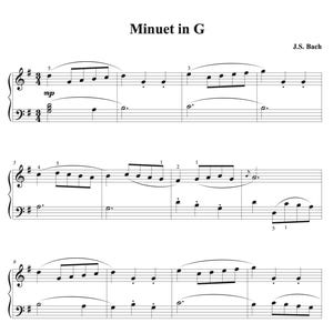 May include: Sheet music for "Minuet in G" by J.S. Bach. The musical score is written in black ink on a white background. The treble and bass clefs are visible, along with musical notes and symbols. The title and composer's name are at the top.