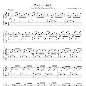 May include: Sheet music for "Prelude in C" from The Well Tempered Clavier by J.S. Bach. The music is written in black on a white background, with musical notation including treble and bass clefs, notes, and dynamic markings.