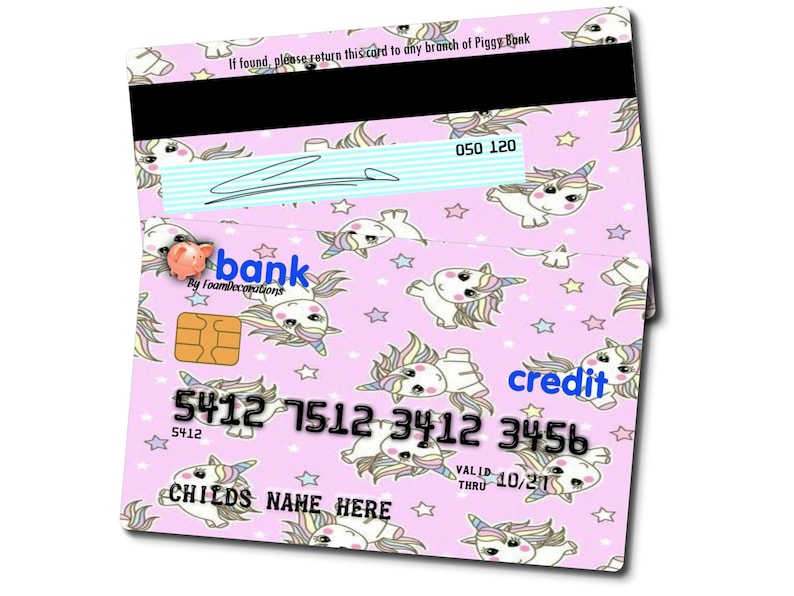 May include: A pink credit card with a unicorn pattern. The card has the text "credit" and "5412 7512 3412 3456" printed on it. The card also has the text "VALID THRU 10/21" printed on it.