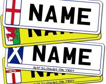 Personalised Childrens Kids Aluminium / Metal Flag Style Number Plates for Toy Cars, Bikes, Go-Karts Etc.