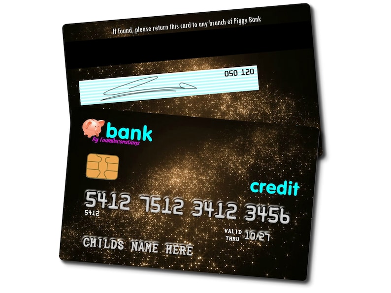 May include: A gold credit card with a piggy bank logo and the text "bank by FoamDecorations". The card number is 5412 7512 3412 3456 and the expiration date is 10/27. The card has the text "credit" in blue.
