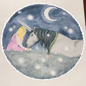 Unicorn art print/Hand-painted giclee print/Fantasy artwork/Whimsical unicorn art/Unicorn and stars/Princess and unicorn print