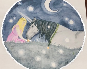Unicorn art print/Hand-painted giclee print/Fantasy artwork/Whimsical unicorn art/Unicorn and stars/Princess and unicorn print