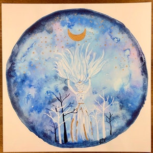 Golden Moon/Moon Goddess Art/Blue Moon/Magical Moon Goddess Luna/Faerie Magic Artwork