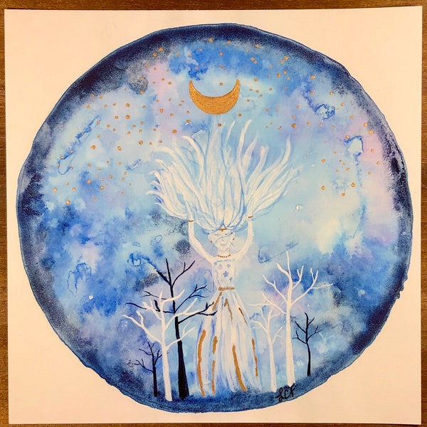 Golden Moon/Moon Goddess Art/Blue Moon/Magical Moon Goddess Luna/Faerie Magic Artwork