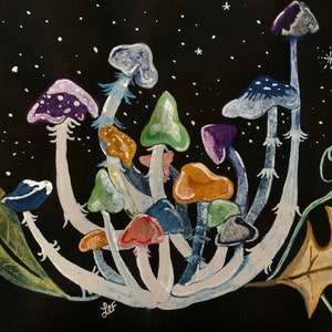 Mushroom Print/Moonlit Mushrooms/Metallic Mushroom Bunch Art/Mushroom Art Print/Feather moon and mushroom artwork/Hand painted art prints