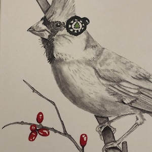 Cardinal sitting on a branch/Earmuff wearing cardinal in winter/Cardinal Art Print/Bird on branch with red berries