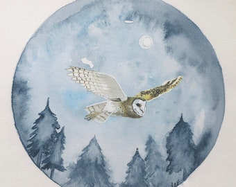 11x14 Barn owl in flight/Moonlight Forest with Owl/Owl against the moon/Forest at Night and Owl/Watercolor giclee print of barn owl