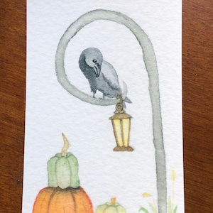 4x6 Crow perched on lantern over pumpkins/ Pumpkin artwork/ Holiday gift ideas/ Christmas gifts/ Fall decor/ Thanksgiving decor/ Crow art