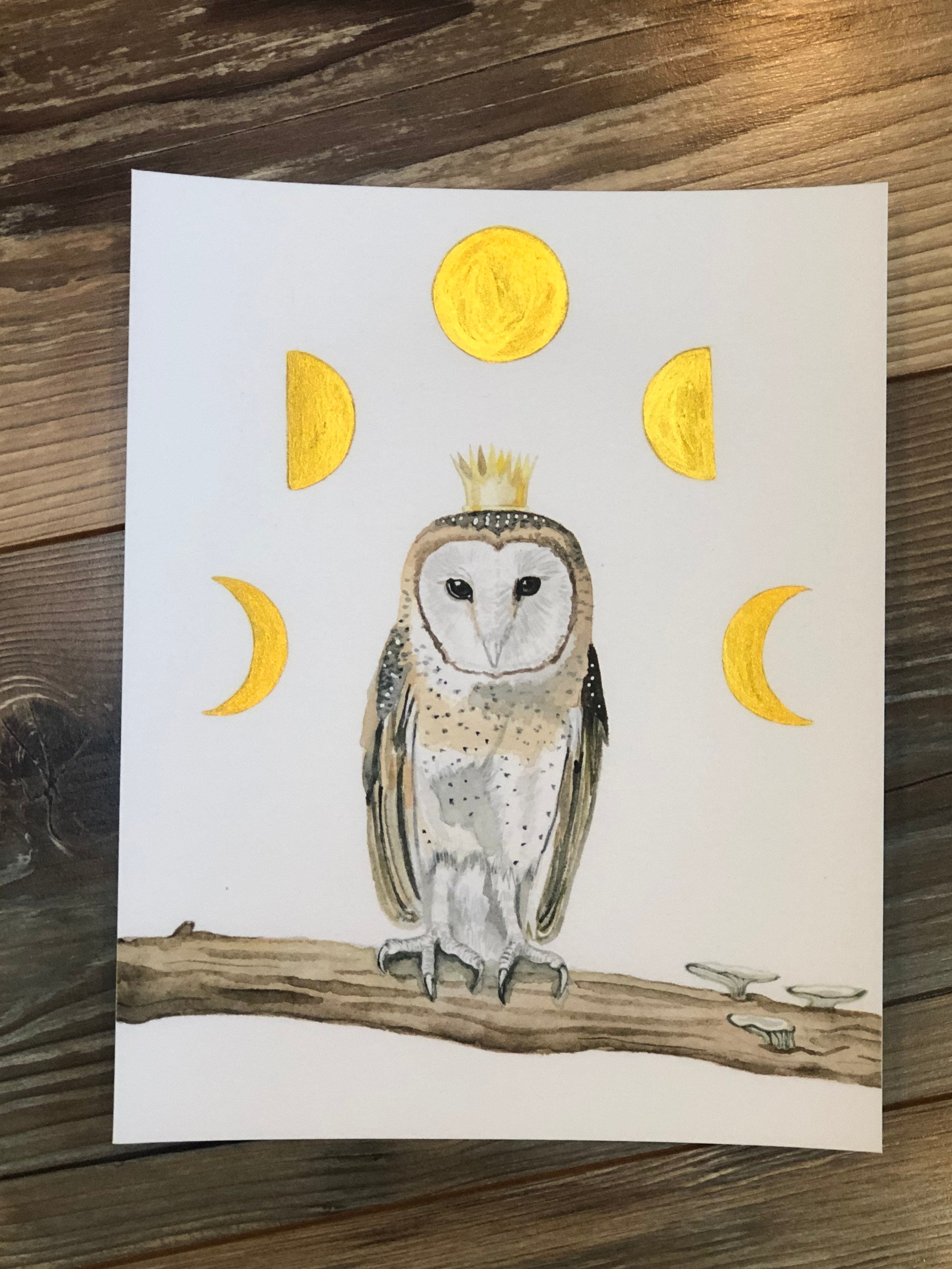 8x10 Barn Owl Art/Moon Phases/Owl Artwork/Hand painted golden moon/Fantasy Art Print/Springtime Art/