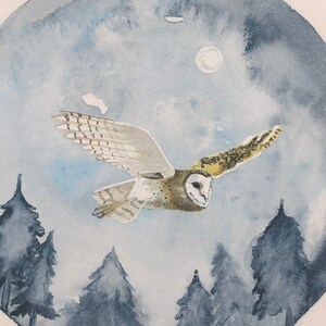 8x10 Barn owl in flight/Moonlight Forest with Owl/Owl against the moon/Forest at Night and Owl/Watercolor giclee print of barn owl