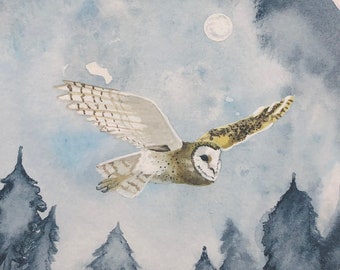 8x10 Barn owl in flight/Moonlight Forest with Owl/Owl against the moon/Forest at Night and Owl/Watercolor giclee print of barn owl