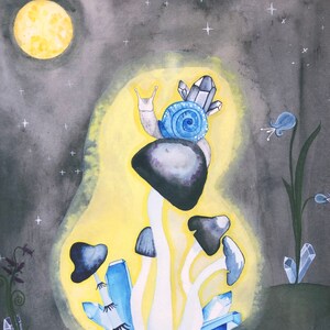 May include: A watercolor painting of a snail with a crystal on its back, sitting on top of a cluster of mushrooms with blue crystals surrounding them. The scene is set against a dark background with a yellow moon and stars.