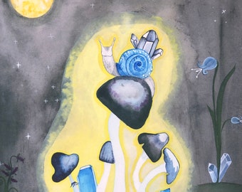 Snail sitting on mushroom/Crystal snail shell/Magic crystals/Snail artwork/Magical art print/Whimsical snail art/Mushrooms in the moonlight/
