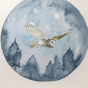 5x7 Barn owl in flight/Moonlight Forest with Owl/Owl against the moon/Forest at Night and Owl/Watercolor giclee print of barn owl