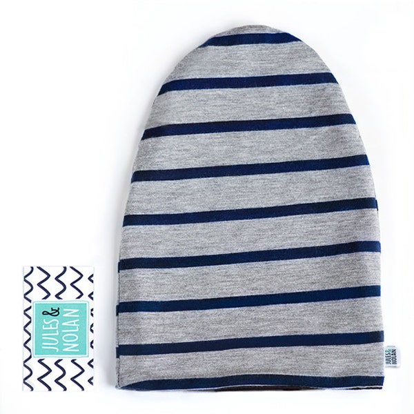 6-12 month - Winter slouchy beanie - baby ans toddlers  - Grey blue striped