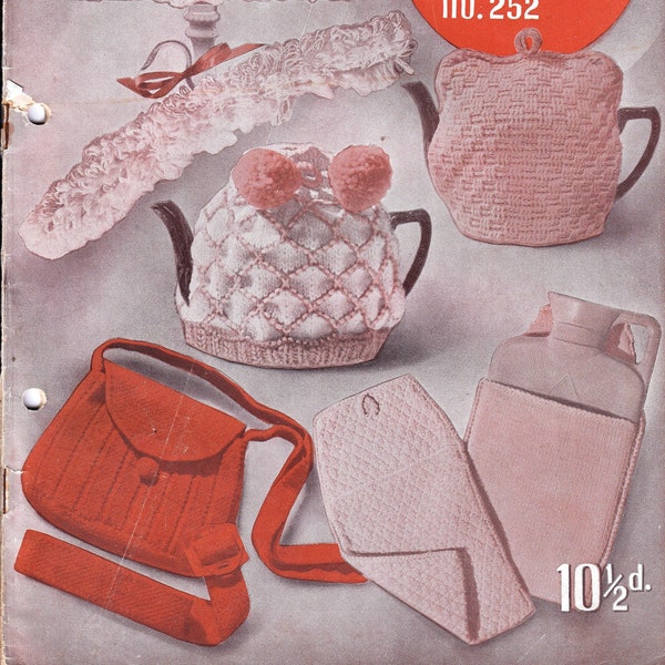 Book of vintage craft designs, tea cosies, novelty knits and crochet patterns, doll clothes, knit and crochet bags