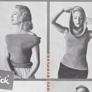 PDF stickat dammaterial, hel bok, gimmicktröja, 1950-talsdesigner, 7 damtoppar, tröjor, pullovrar